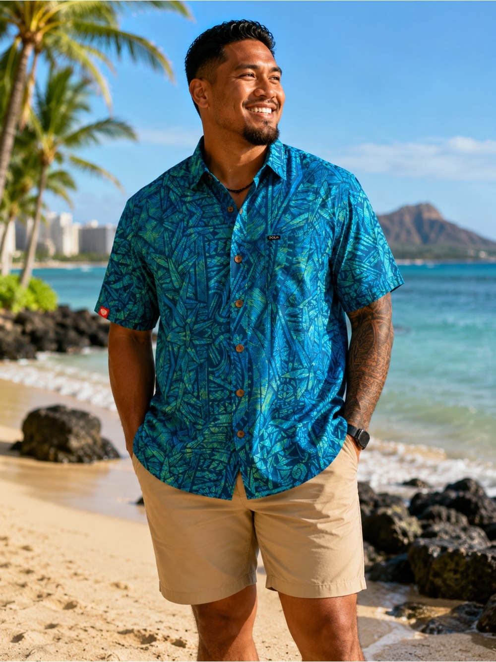 Tanoa-Men's Blue Tropical Button-Up Shirt - Casual Short Sleeve